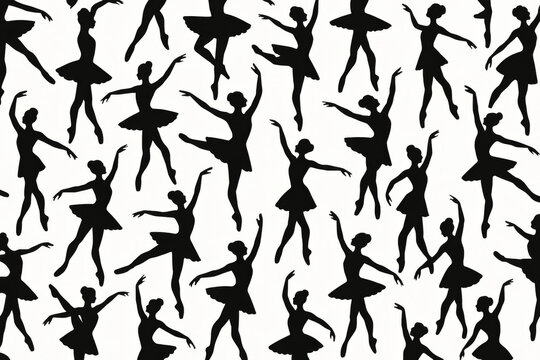 Ballet dancer silhouettes seamless pattern background. Classical dance performers in graceful poses tutus. Black vector silhouettes dancing movement. Elegant ballet performance pattern design