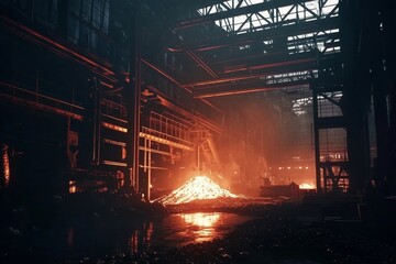 An expansive metal factory showcasing the intense heat of molten metal.