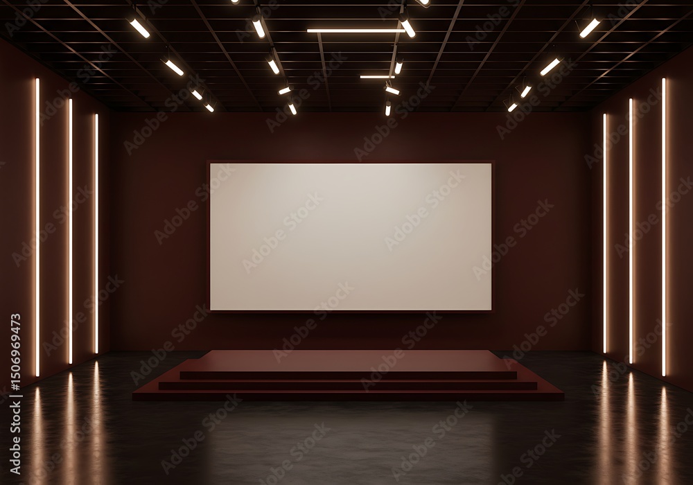 Poster empty stage with white screen and illuminated walls in a dark ma