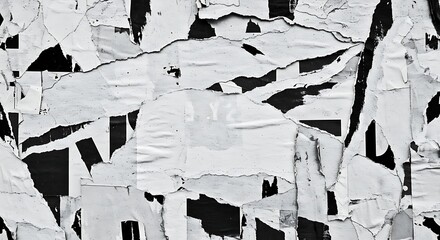 Torn Poster Texture: Abstract monochrome background featuring a distressed, layered texture of torn and peeling posters, creating a visually interesting and grunge-style backdrop.