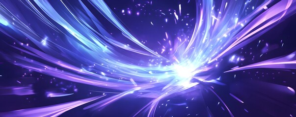 Abstract blue background with neon light rays and speed lines, illustration, dark purple background.