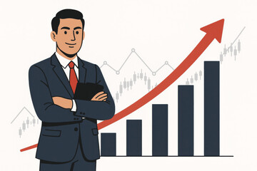 Confident businessman financial growth success triumph charts graphs. Business suit analytics investment profit revenue increase. Corporate achievement arrow up data statistics performance