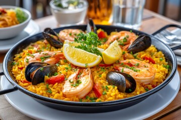 Fototapeta premium Delicious paella with shrimps, mussels and lemon wedges being served on a table