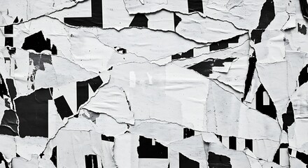 Urban Textures: A close-up view of a weathered wall, the surface bearing remnants of torn posters creating a rich tapestry of texture and monochrome contrast.