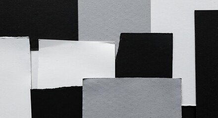 Abstract Geometric Composition: A striking monochromatic arrangement of layered geometric shapes in various sizes, showcasing interplay of light, shadow, and textures.