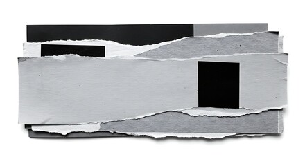 Newsprint Fragmented Composition: A minimalist black and white composition, torn paper, a study in texture and form, ideal for design and background usage.