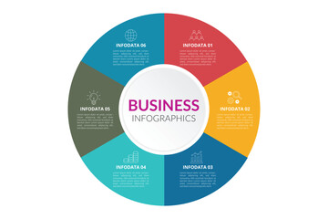 6 points circular infographic element template with icons and colorful flat style, can use for presentation slide