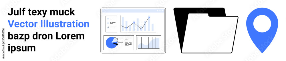 Poster data dashboard with graphs, black file folder, blue location pin. ideal for analytics, organization,
