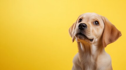 A captivating Labrador puppy gazes up with innocent eyes against a bright yellow background, evoking feelings of joy, playfulness, and unconditional love.