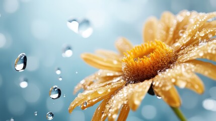 This stunning close-up image captures a vibrant yellow flower adorned with sparkling dew drops, showcasing the beauty of nature and the freshness of a tranquil morning.