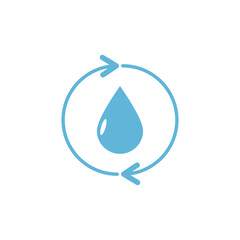 Minimal blue water drop icon with circular arrows, symbolizing water recycling or sustainability. Perfect for eco-friendly, environmental, or conservation-related visuals.