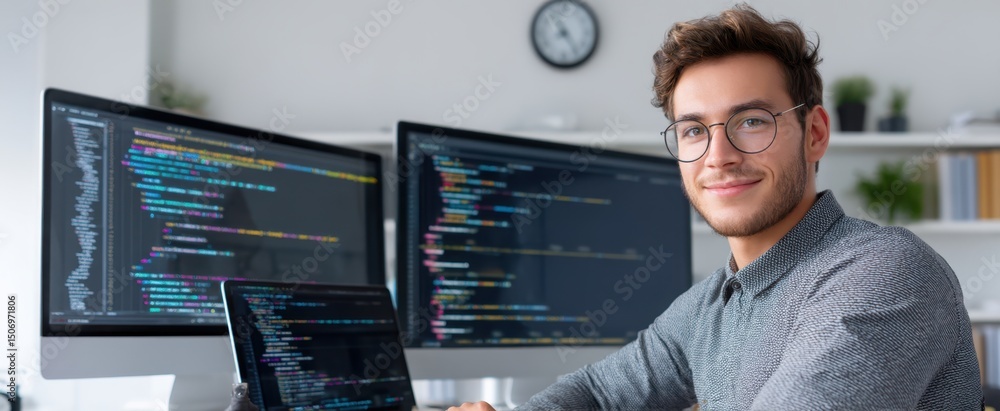 Poster the young male programmer working on multiple screens in a modern office setting.