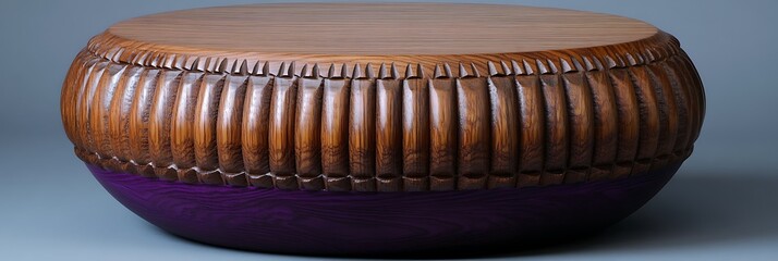 Hand-carved oak slit drum on a gradient of royal purple and plum