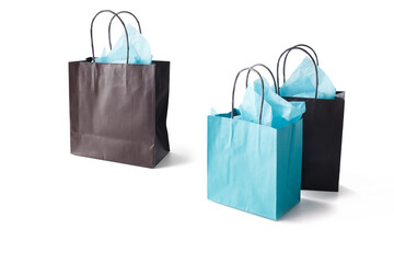 retail product packaging mockup with paper gift bags brown and turquoise with tissue paper for cosmetics fashion stationery artisan brands small business marketing design presentation studio branding