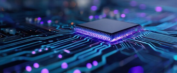 Naklejka na ściany i meble The captivating microchip on a futuristic circuit board illuminated by vibrant lights.