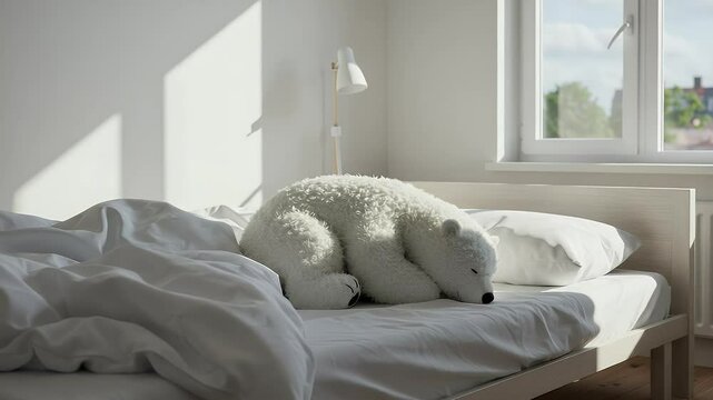 Cozy bedroom scene featuring a plush polar bear toy resting on a rumpled bed, sunlight streaming through a window