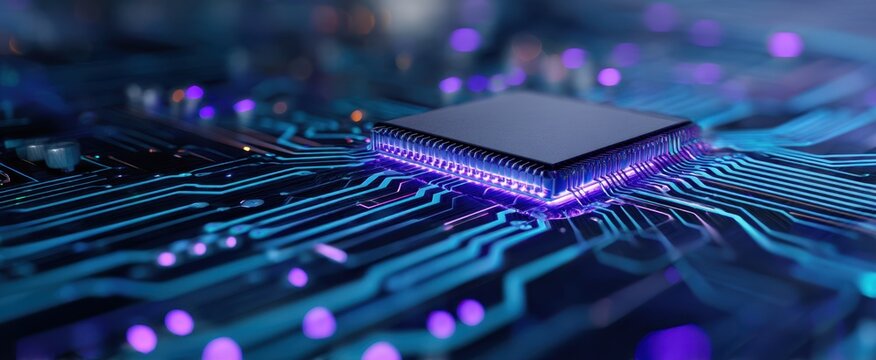 The captivating microchip on a futuristic circuit board illuminated by vibrant lights.