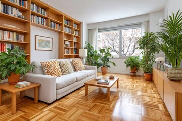 Naklejka premium Modern living room interior design with wooden furniture and plants