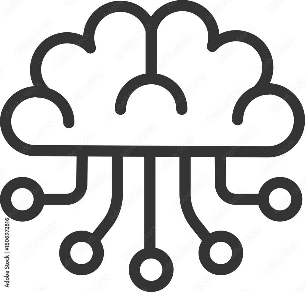 Poster Clean line art icon symbolizing artificial intelligence, combining a brain and cloud computing. Perfect for tech, data science, innovation, and future concepts.