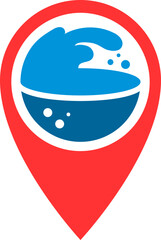 Abstract location icon featuring a stylized blue wave, suitable for travel, ocean, or navigation themes. Clean, modern design with a bright red locator pin shape.