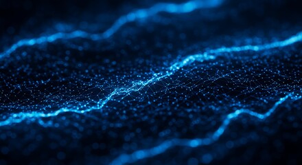 Abstract Blue Data Flow: Dynamic blue particles form an abstract wave pattern, symbolizing data flow and digital connectivity.  The image evokes a sense of movement, technology.