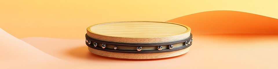 Handcrafted ash tambourine placed on a warm gradient of pale orange and yellow