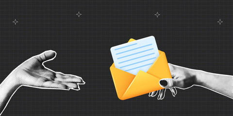 Collage banner with halftone hand passes letter to recipient. Hand holding 3d envelope and gives it away. Concept of new message, email, mailing list. Collage halftone design. Vector.