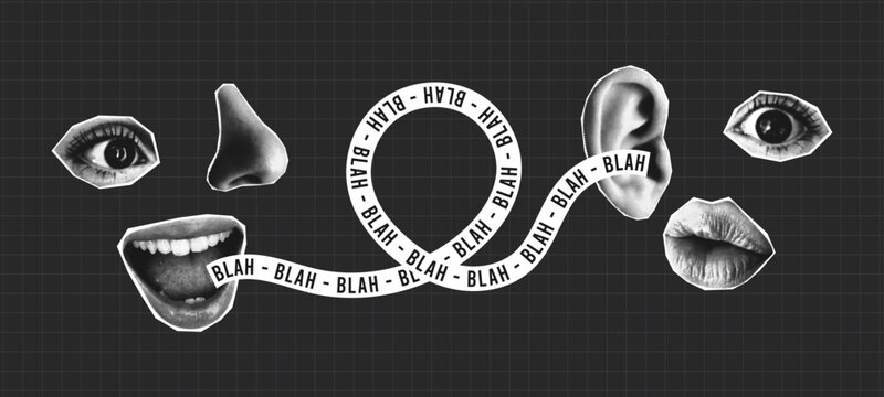 Collage banner with composite halftone faces, mouth speaks into ear and strip with text - blah blah. Сombined collage of abstract faces gossiping. Concept of secret, communication. Vector.