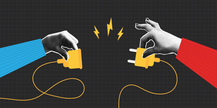 Collage halftone hands holding electric socket with a plug. Hands connect or disconnect the plug and outlet socket. Collage halftone design of 404 error or teamwork and business solutions.