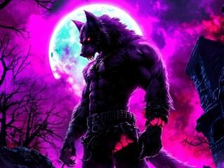 A fierce werewolf emerges under the glowing full moon. 