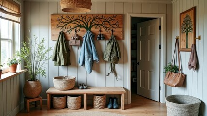 Cozy entryway with woven baskets and wooden bench under tree artwork