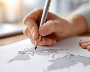 Naklejka premium Person uses pencil to draw on world map showing technology and creativity in travel planning and exploration with focus and care