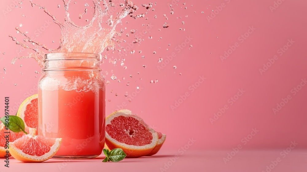 Poster a dynamic splash of grapefruit juice from a jar captured against a pink background, emphasizing fres