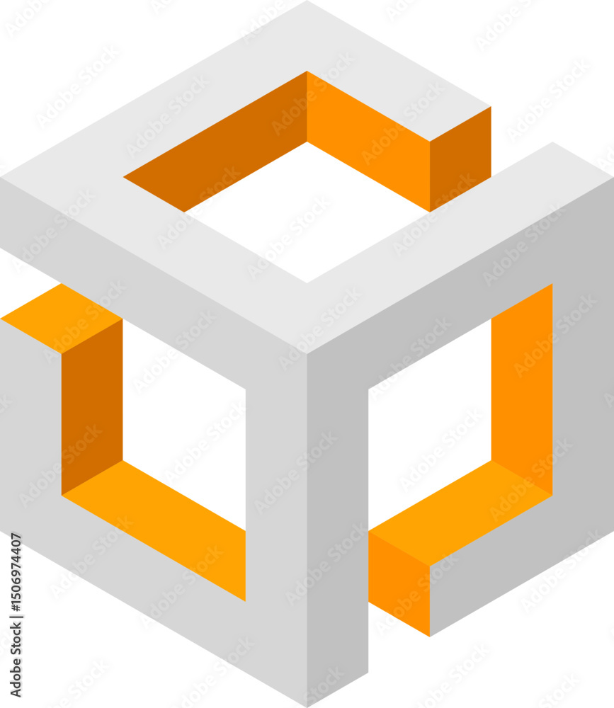 Poster abstract isometric cube design, featuring a gray and orange color scheme. represents connection, inn