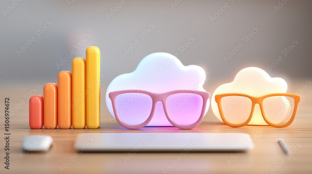 Aufkleber cloud technology concept with colorful bar chart and glasses on wooden table showing data analysis a