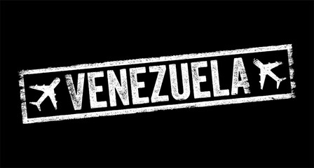 Fototapeta premium Venezuela is a country on the northern coast of South America with diverse natural attractions, text emblem stamp with airplane