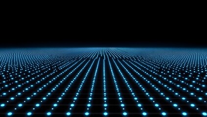 Abstract digital background with blue glowing grid lines and light particles on a dark black space, an AI technology concept. 