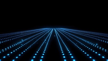 Abstract digital background with blue glowing grid lines and light particles on a dark black space, an AI technology concept. 