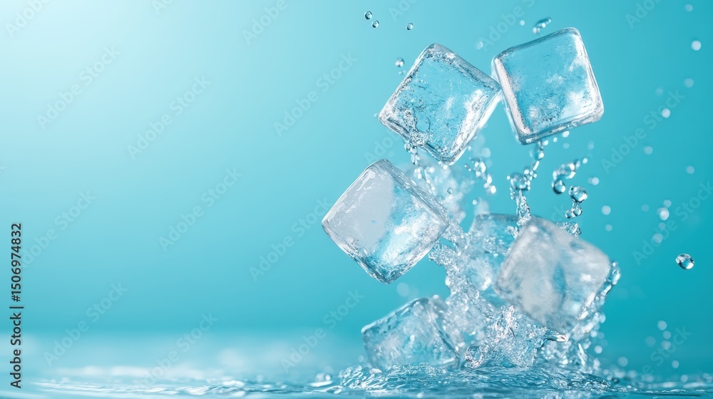 Poster ice cubes burst into clear water creating a captivating splash effect that visualizes the refreshing