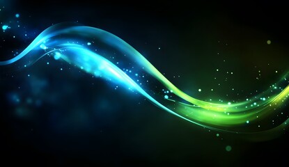 Abstract glowing blue and green energy waves on a dark background with a bokeh effect, a futuristic technology concept. Abstract glowing waves of light, flowing lines.