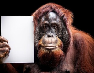 orangutan holding blank card or poster , closeup view of animal pet face portrait and empty blank