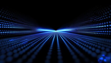 Abstract digital background with blue glowing grid lines and light particles on a dark black space, an AI technology concept. 
