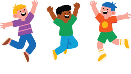 Happy diverse children jumping with joy , playful kids in colorful clothes, energetic and cheerful vector illustration