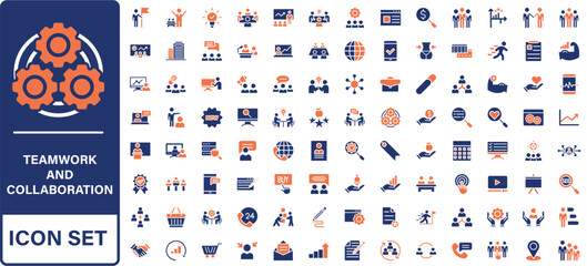 Teamwork and collaboration icon set. Thin line editable stroke icons for teams, leadership, meetings, project management, brainstorming, team growth, support, partnership and remote work.
