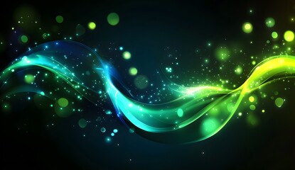 Abstract glowing blue and green energy waves on a dark background with a bokeh effect, a futuristic technology concept. Abstract glowing waves of light, flowing lines.
