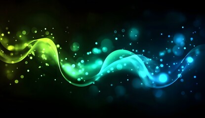 Abstract glowing blue and green energy waves on a dark background with a bokeh effect, a futuristic technology concept. Abstract glowing waves of light, flowing lines.