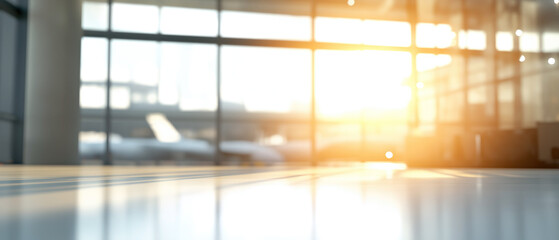 Sunlight shining into empty airport terminal. Bright morning sun floods a quiet airport interior with light, creating soft reflections on the polished floor and windows