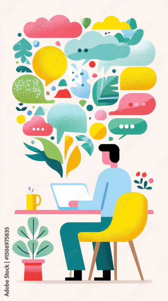 Poster person using technology on laptop surrounded by colorful speech bubbles and leaves showing creative 