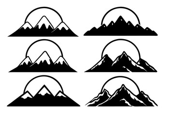 Set of simple black and white hill and mountain icons, perfect for outdoor, travel, or nature projects