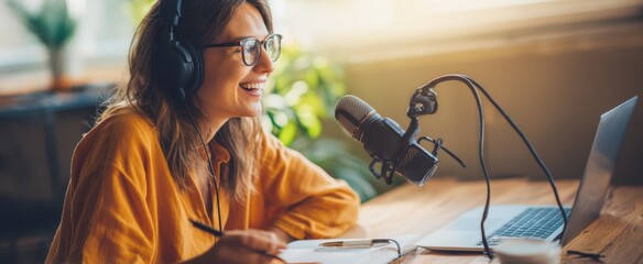 The cheerful woman engaged in a podcast recording session at her home studio.